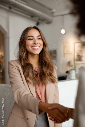 Happy client shaking hands with a professional at reception, smiling woman in beige blazer and coral blouse in modern office