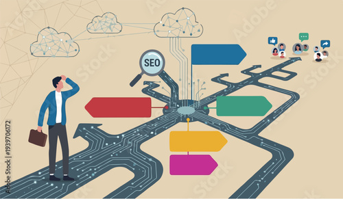 Digital, Search Engine Optimization or Social media to engage online user concept, young people, advertising agency worker working on internet and digital line with SEO magnifying glass