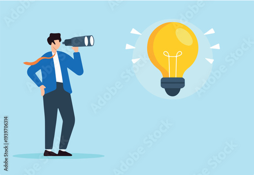 Flat illustration of businessman looking through binoculars at lightbulb idea seeking to discover new solutions and opportunities