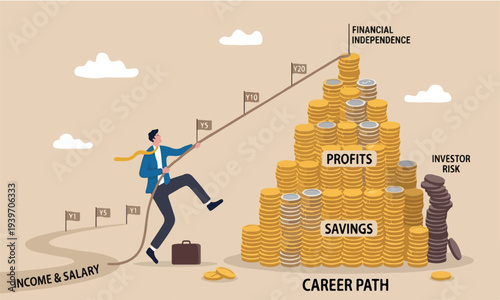 Financial the illustration is modern, flat design with clean lines and minimal shading. The background is a solid pale beige or cream color businessman trying hard climbing rope to reach top of money 