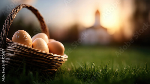 Wicker basket holding decorated Easter eggs and plain eggs on lush green lawn, representing spring celebration, Orthodox traditions, and new beginnings during the holiday season. Copy space