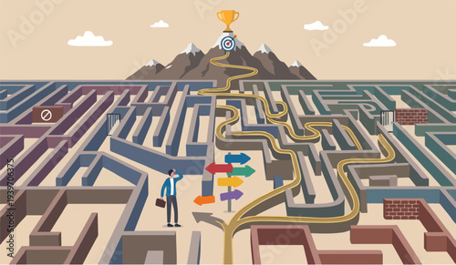 Path roadmap process development research management improvement development chart assessment project businessman finding the way in labyrinth to reach target.