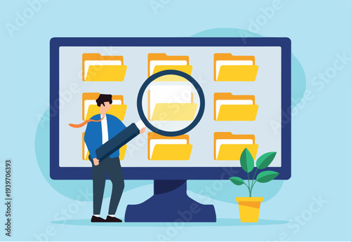 Flat illustration of businessman use magnifying glass to search file on computer screen document archive management