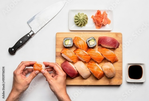 Artisanal sushi creation on a wooden board with fresh salmon, tuna, and avocado rolls complemented by wasabi and pickled ginger showcasing culinary craftsmanship and meticulous plating
