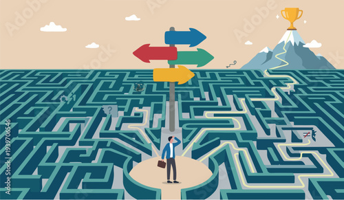 Path process development research management improvement development chart assessment project businessman finding the way in labyrinth to reach target.