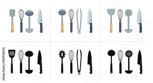 Collection of kitchen utensils in color and silhouette, graphic design elements