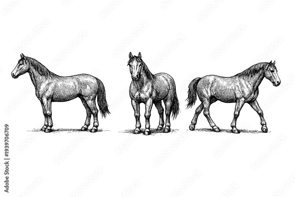 Fototapeta premium Three detailed ink drawings of horses in different poses on a white background