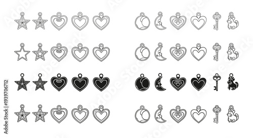 Collection of various charms including stars, hearts, moons, keys, and animals in outline and filled styles