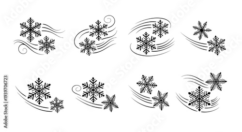Collection of stylized snowflakes and swirling wind gusts rendered in a monochromatic black and white graphic