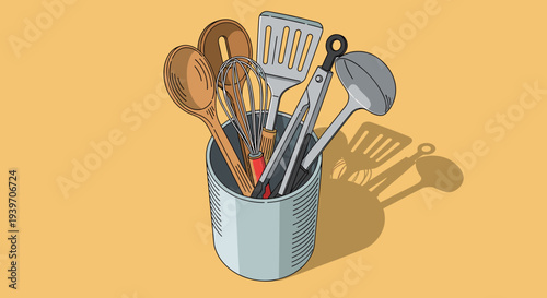 Collection of kitchen utensils in a container with a shadow on a yellow background