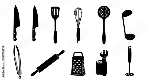 Collection of black kitchen utensils and tools silhouetted against a white background