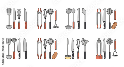 Collection of kitchen utensils and cooking tools arranged in a grid pattern