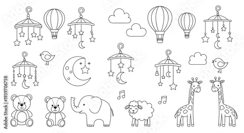 Whimsical hand drawn nursery mobile elements collection cute animals hot air balloons clouds moon and stars for baby
