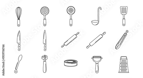 Collection of kitchen utensils and cooking tools in a simple line art style