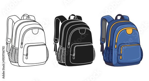 Three different styles of backpacks: outline, silhouette, and colored illustration