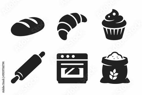 Bakery icons: bread, croissant, cupcake, rolling pin, oven, flour bag silhouettes