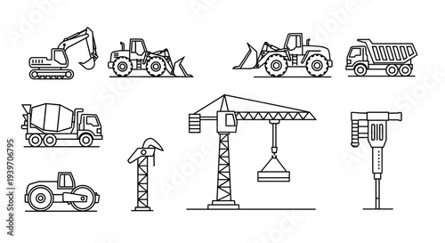 Collection of construction heavy machinery and equipment icons in a clean line art style illustrating industry
