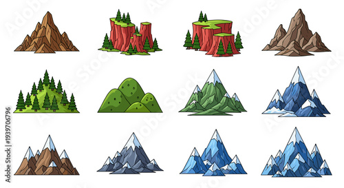 Diverse collection of stylized mountain peaks and landscapes showcasing varied terrain lush forests snowy caps