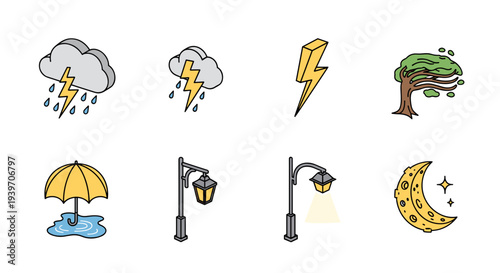 Collection of weather icons including rain clouds lightning bolt stormy weather tree umbrella streetlights and crescent