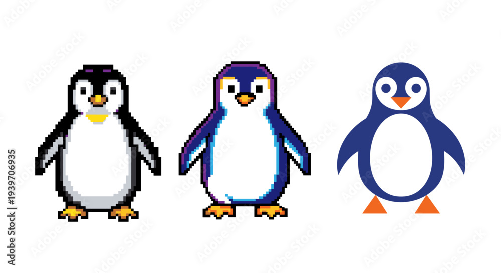 Fototapeta premium Three different styles of penguin illustrations, from pixel art to modern vector graphic