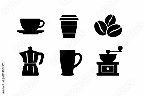 Coffee icon set: mug, beans, grinder, espresso maker, to-go cup, and coffee cup