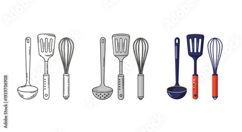 Collection of kitchen utensils including a ladle, spatula, and whisk in three different styles