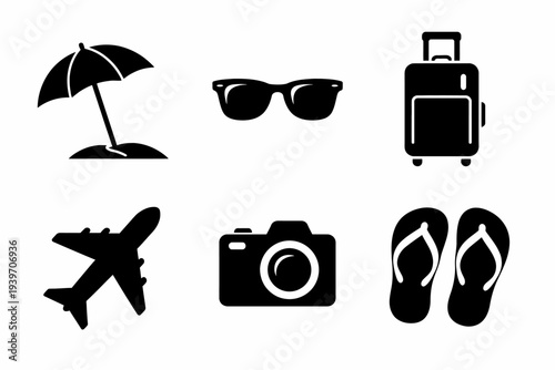 Travel essentials: icons of plane, sunglasses, camera, luggage, umbrella, flip-flops