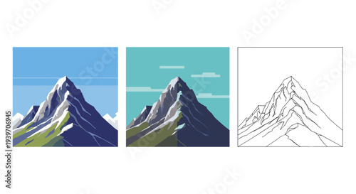 Stylized mountain peak with snow and green slopes under a clear blue sky