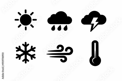 Weather icons collection: sun, rain, storm, snow, wind, temperature symbols