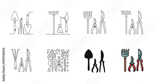 Collection of garden tools in various artistic styles, from line art to pixel art