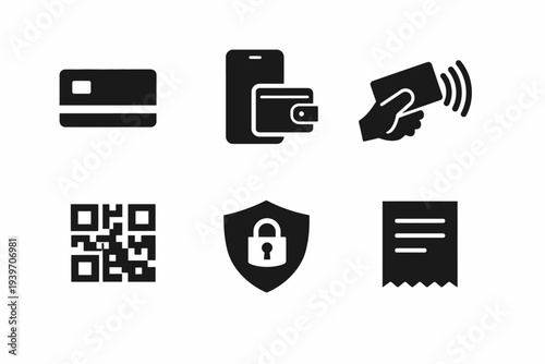 Digital payment icons: cards, wallets, contactless, qr code, security, receipt