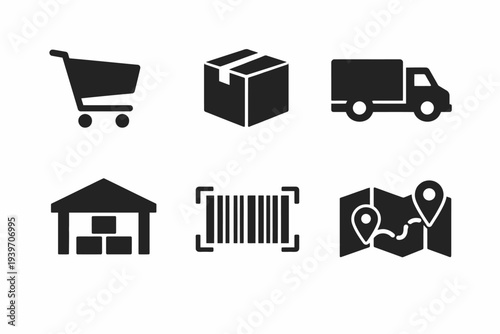 E-commerce delivery icons: shopping cart, box, truck, warehouse, barcode, map