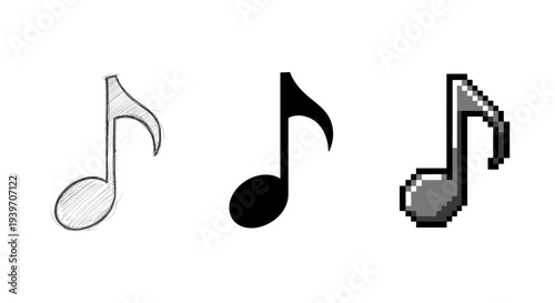 Three distinct musical notes: sketch, solid black, and pixelated grayscale