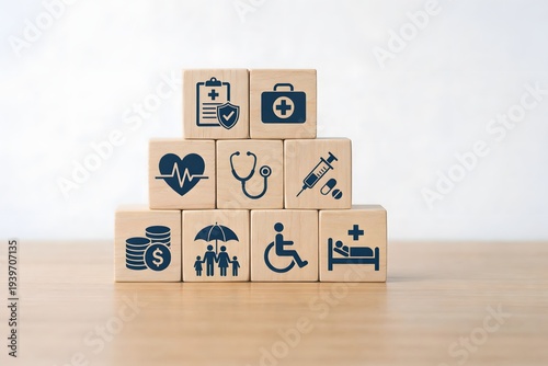 Health care support system concept using icons on wooden block pyramid