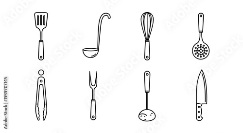 Collection of eight essential kitchen utensil line art icons on a white background