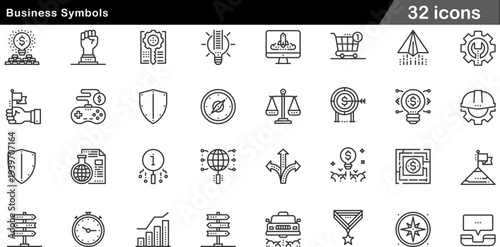Business Symbols Thin Line Icons Set Corporate Strategy, Growth Metrics, Professional Concepts, Ideation and Achievement Vector Graphics for Presentations
