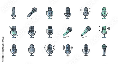 Collection of diverse microphone icons representing various audio recording and broadcasting scenarios
