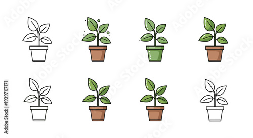 Set of potted plant icons in various styles and colors for design elements