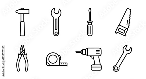 Collection of essential tools for construction and DIY projects, presented as line art icons