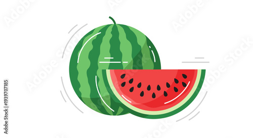 Vibrant illustration of a whole watermelon and a juicy slice with seeds