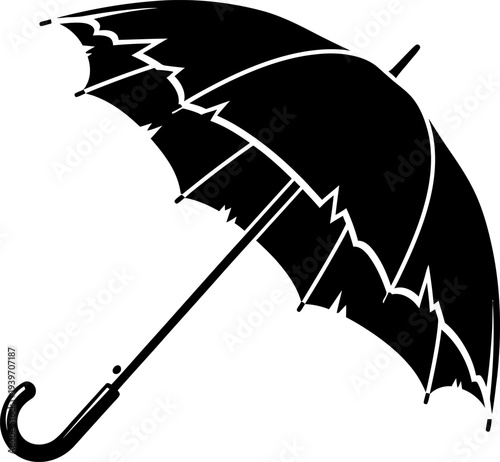 Damaged black umbrella with broken ribs and torn canopy