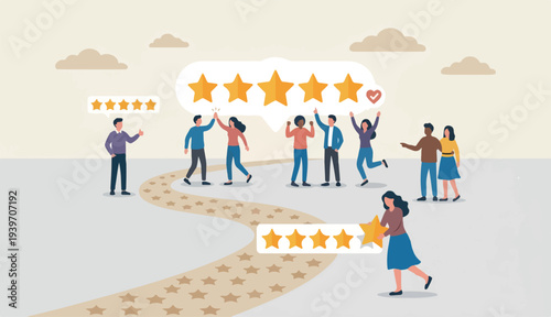 Customer loyalty, consumer satisfaction giving 5 stars rating feedback, best user experience trust use service again concept, various customer or people giving 5 stars review for quality service