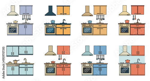Collection of modern kitchenettes with various color schemes and appliances