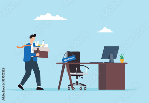 Flat illustration businessman walk to welcoming office desk hold box symbolizing starting new job