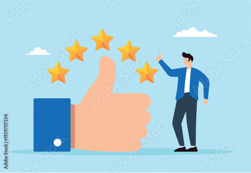 Flat illustration of business owner give big thumb up with five stars symbolizing high quality service