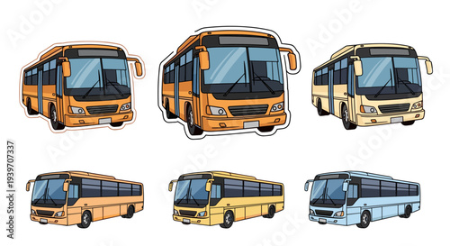 Collection of colorful cartoon buses in various styles and colors for transportation themes