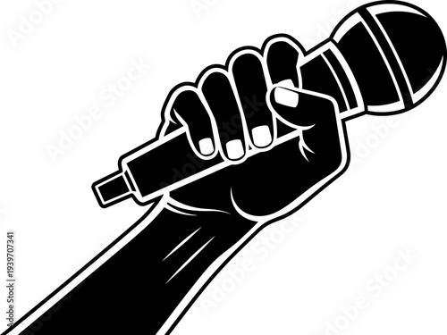 A hand holding a microphone in a dynamic pose