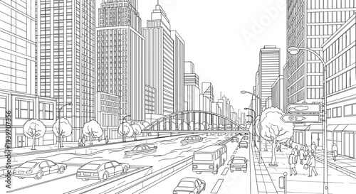 Sketch of a bustling city street with traffic, pedestrians, and skyscrapers