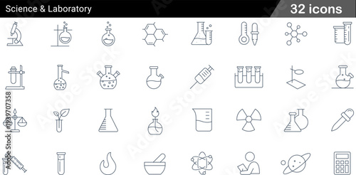 Science and Laboratory Line Icons Set Chemistry Glassware, Research Equipment, Biology Symbols, Atomic Structure and STEM Vector Graphics for Education