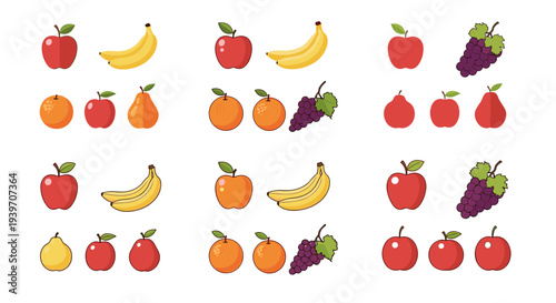 Collection of colorful cartoon fruits arranged in rows and columns on a white background